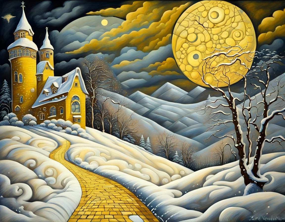 Winter Landscape with Yellow Brick Road in Rococo Style