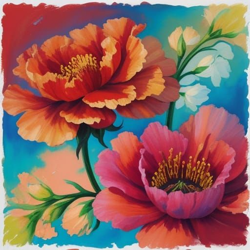 Vibrant Gouache Carnation Blooms in Impressionist Masterpiec...