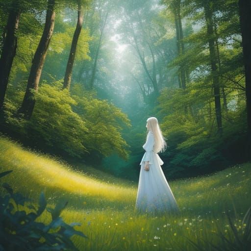 Serene Woman in a Lush Meadow Landscape