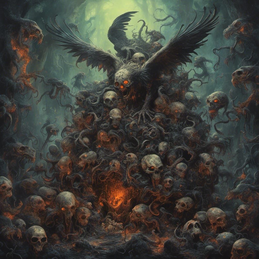 Vulture Perched Atop a Mountain of Bones