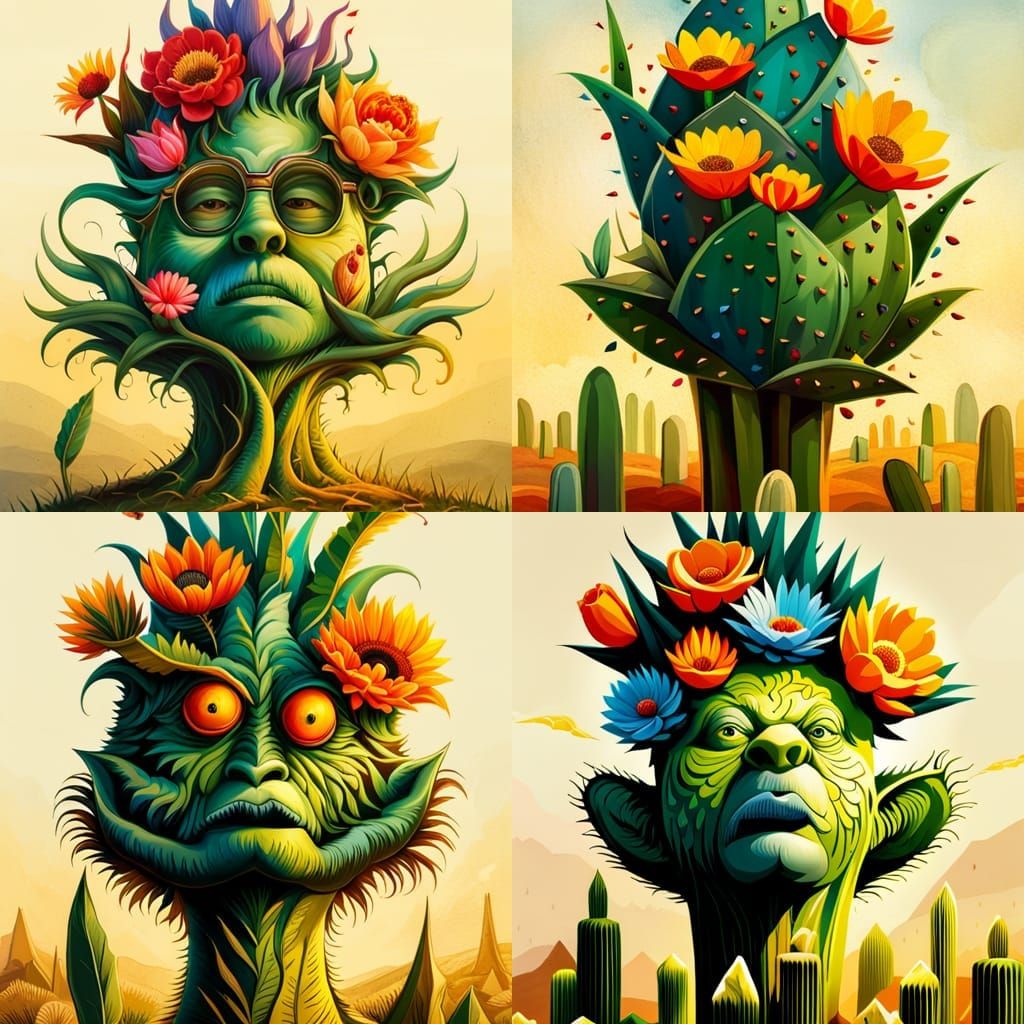 Surreal Cactus with Flowers in Fantasycore Style