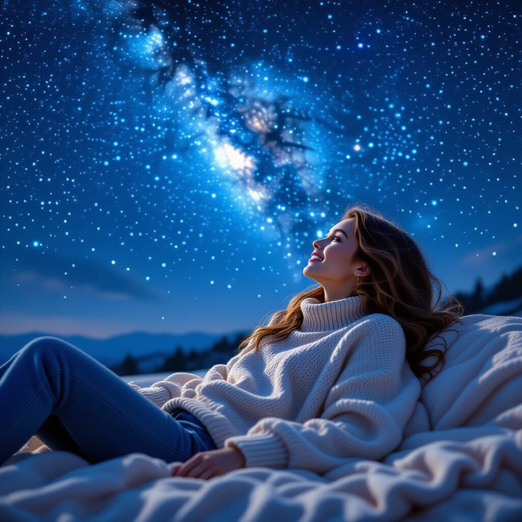 Girl Gazing at Starry Night Sky in Hyperrealism