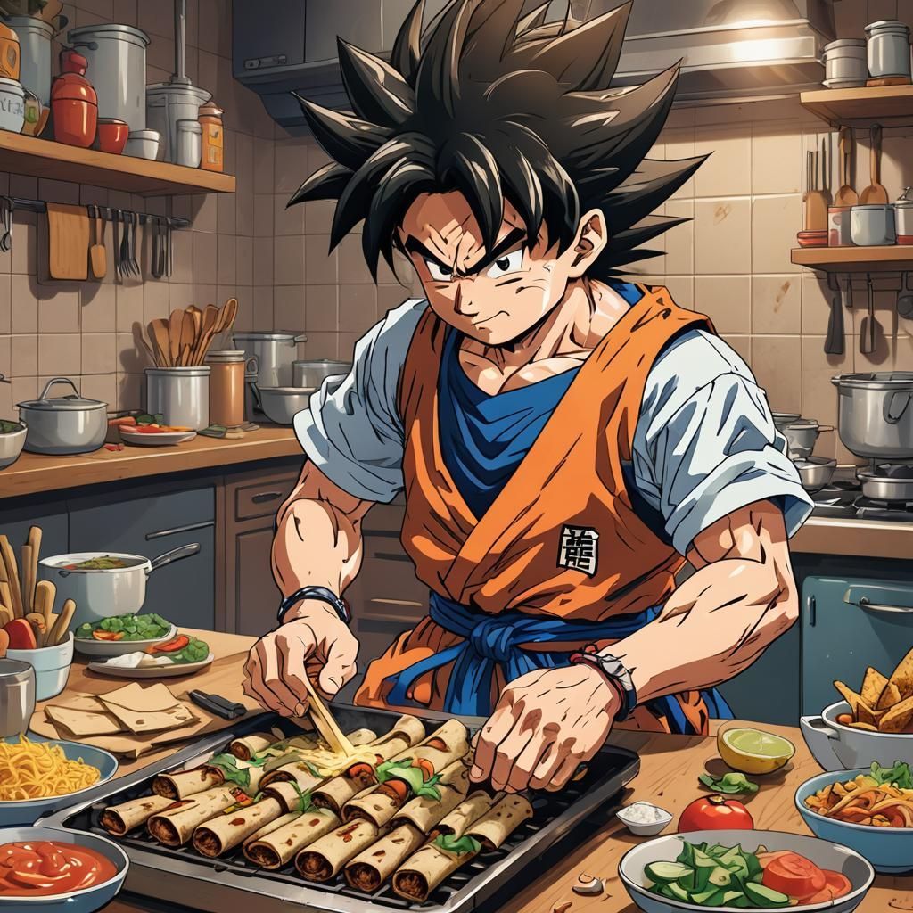 Goku Cooks Taquitos: Anime-Style Illustration