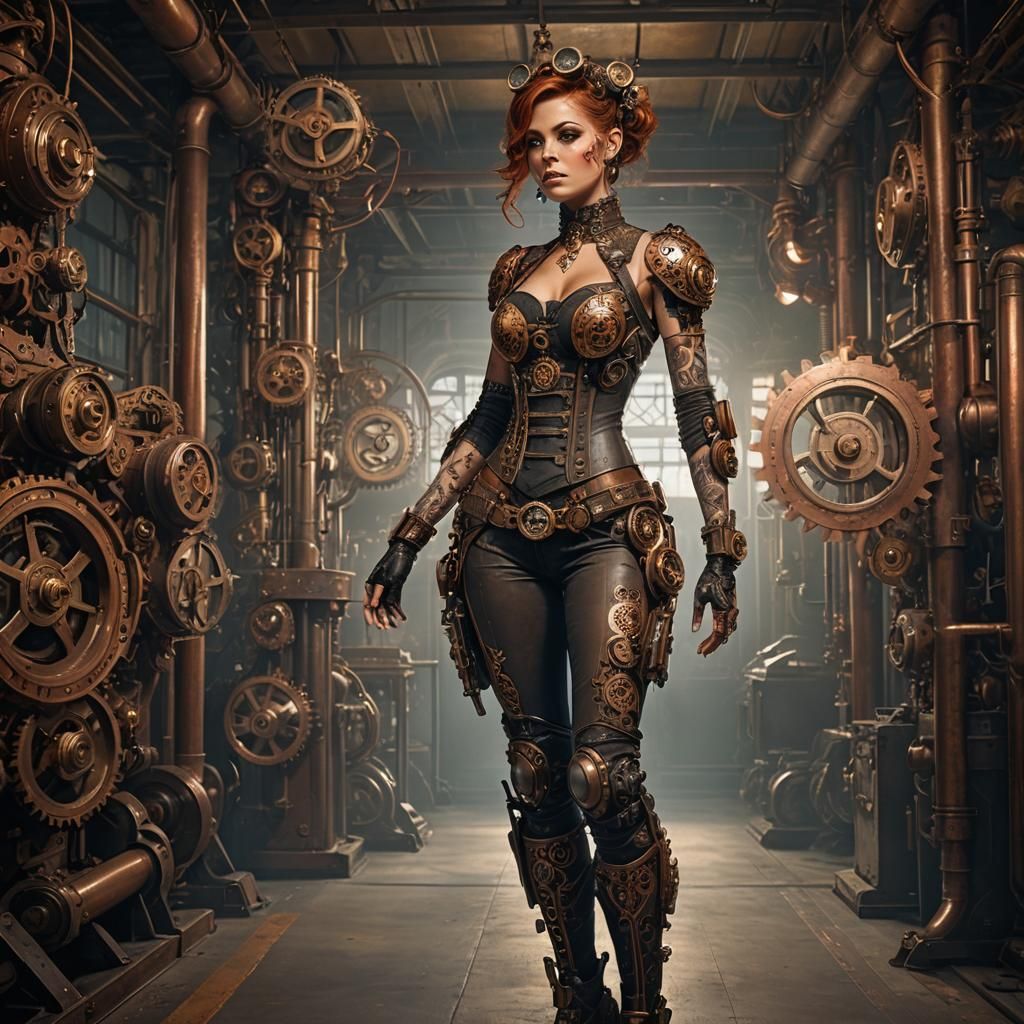 Steampunk Woman with Tattoos in Industrial Setting