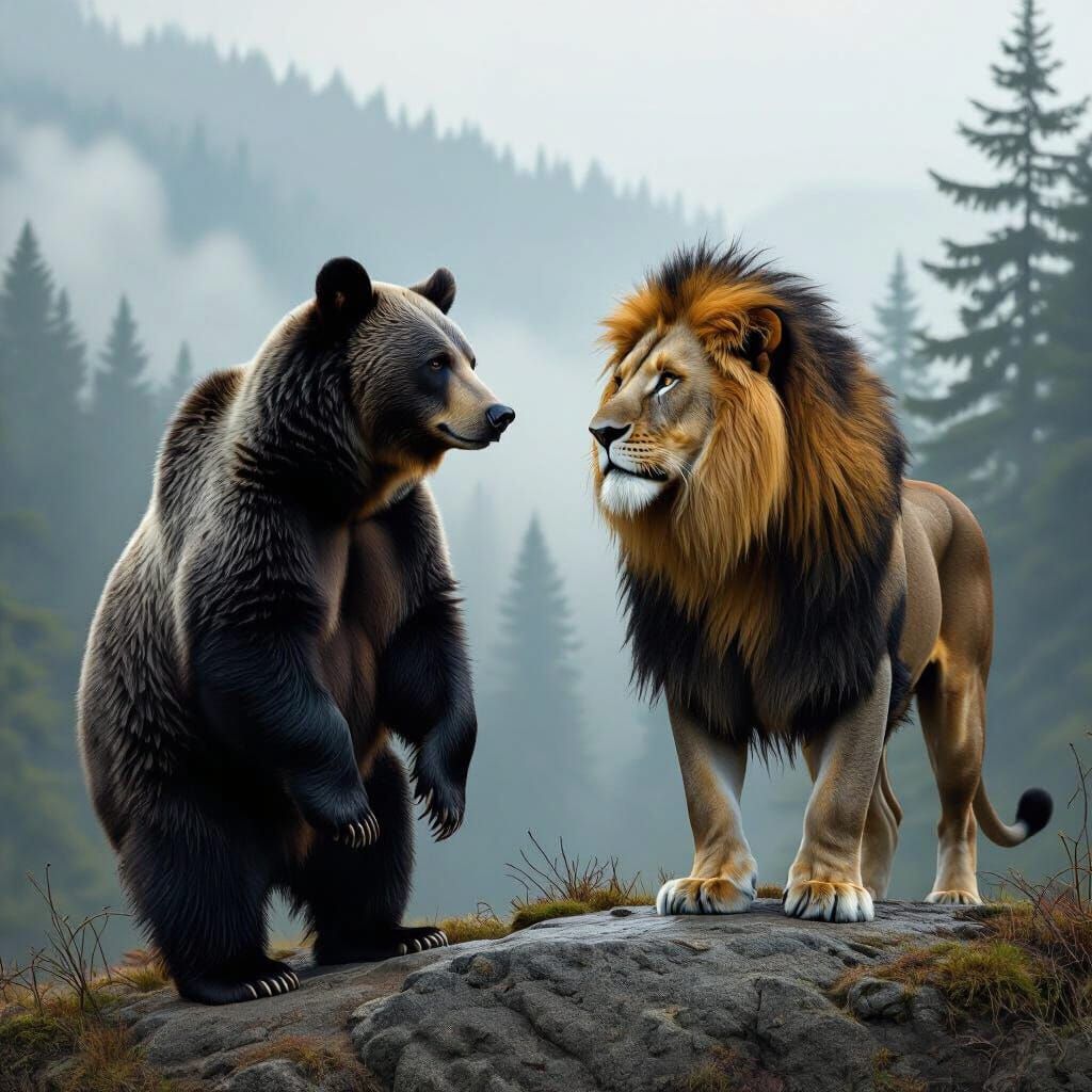 Black Bear and Lion Conversation in Photorealistic Style