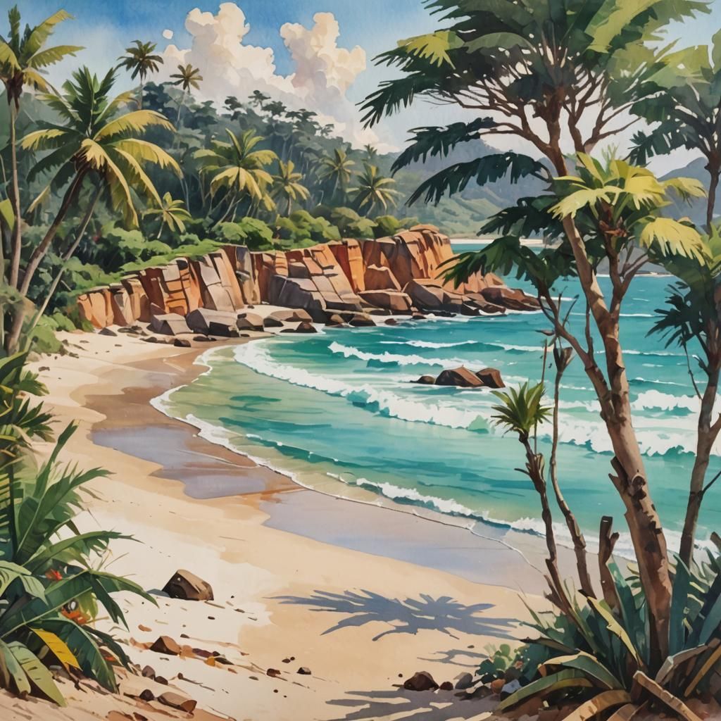 Madagascar Beach in Gouache Impressionist Style