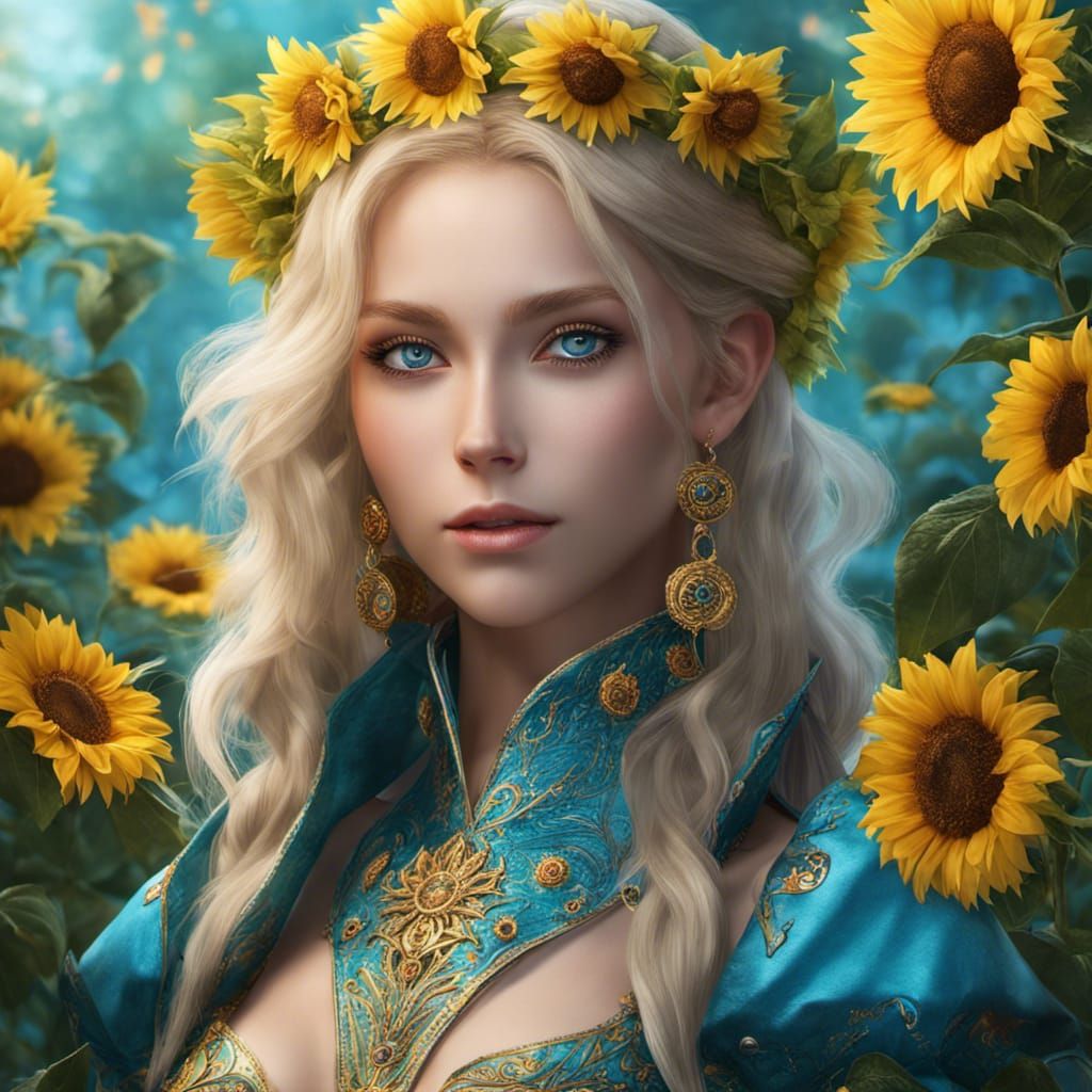 Beautiful Elf in Sunflower Garden, Digital Photograph