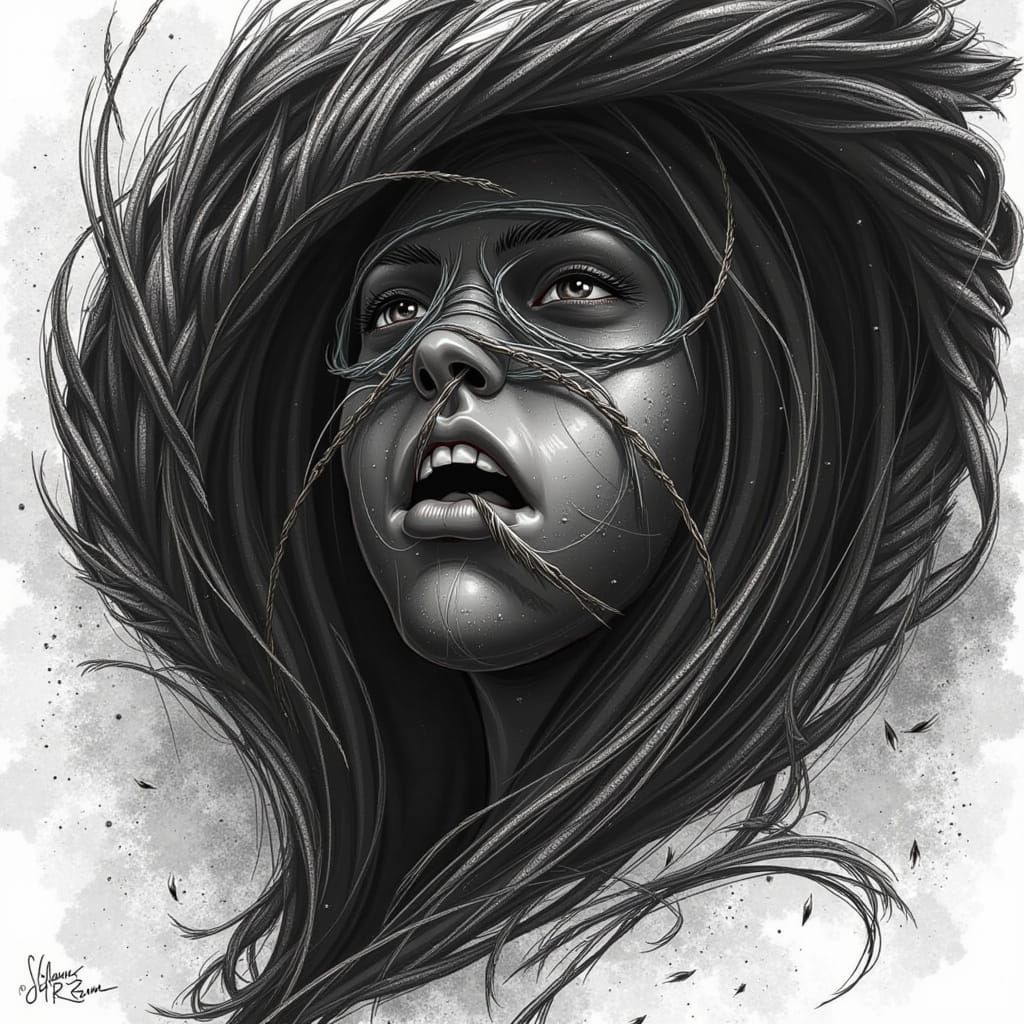 Fierce Struggle in Dramatic Charcoal Sketch Style