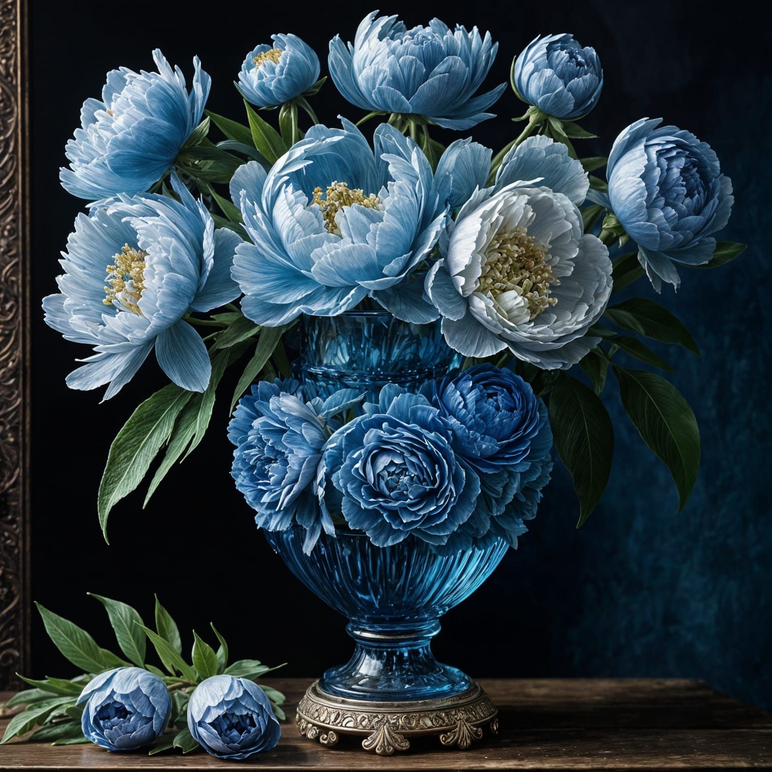Ornate Blue Peonies in Glass Vase