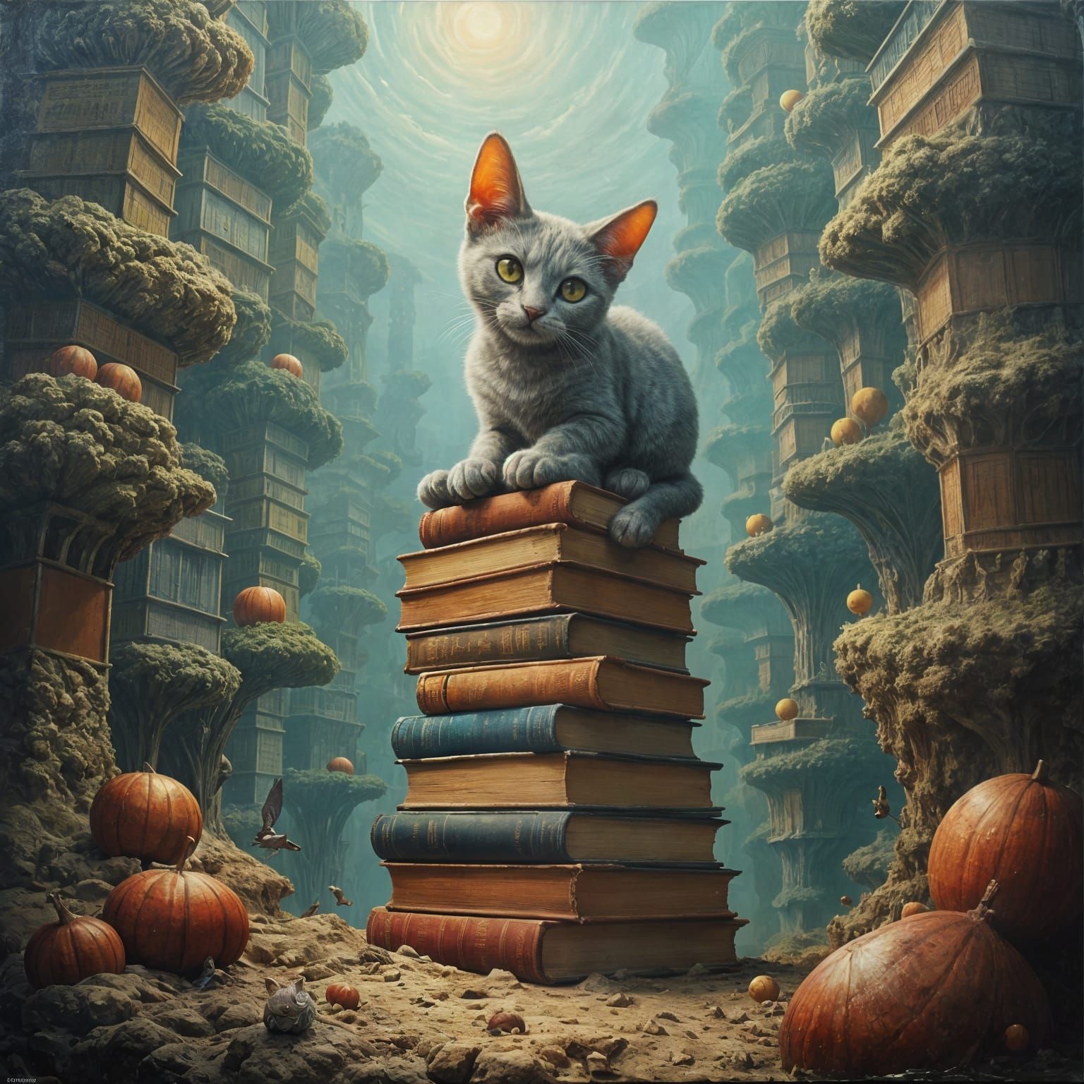 Cat-like Creature in Surreal Library, Oil on Canvas