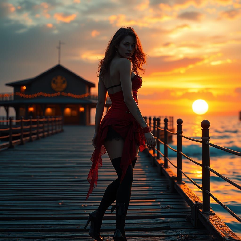 Girl in Red Corset on Pier at Sunset