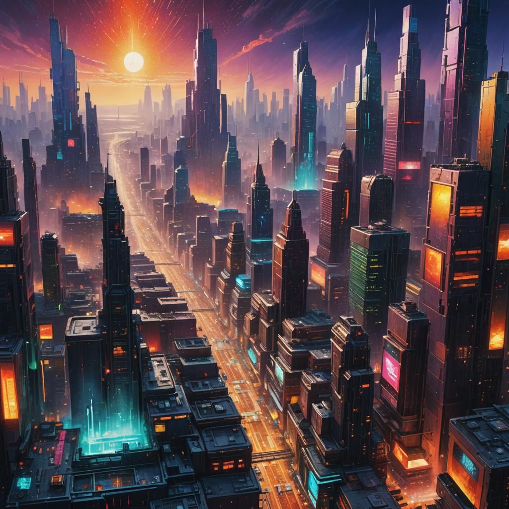 Futuristic Cityscape Under Harsh Sun: Pointillist Sci-Fi Art