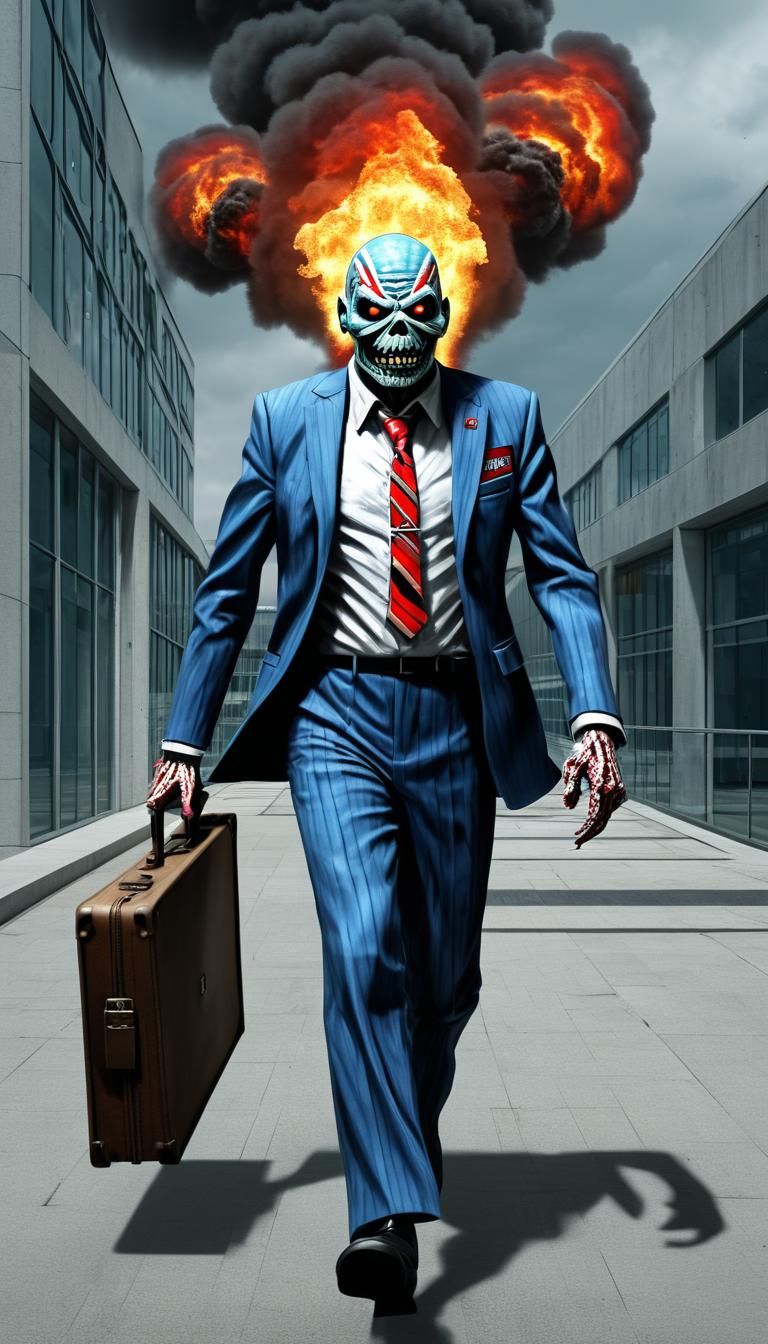 "Iron Maiden" mascot Eddie from  as a Zombie Businessman wearing a three piece suit