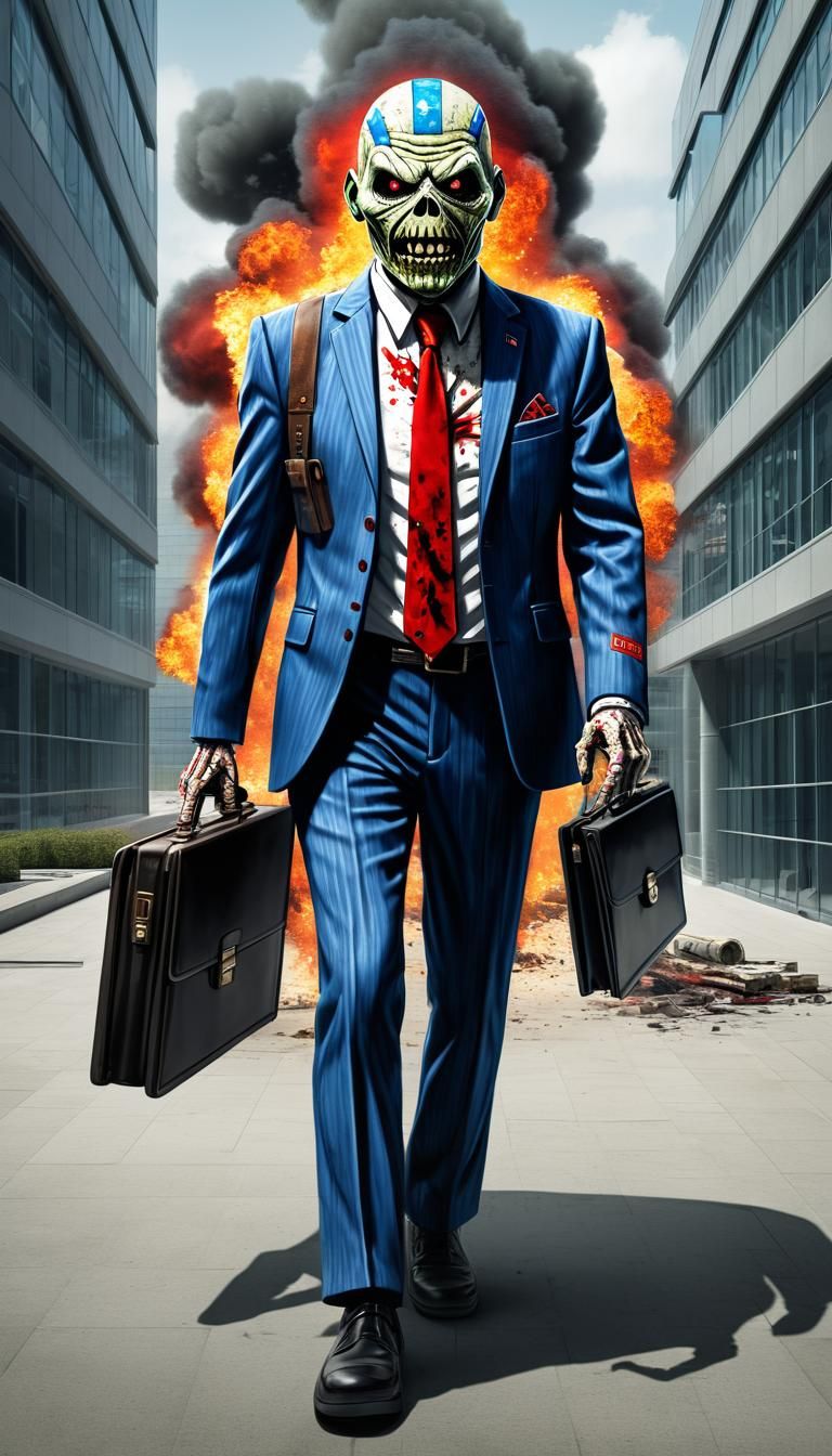 "Iron Maiden" mascot Eddie from as a Zombie Businessman wearing a three piece suit