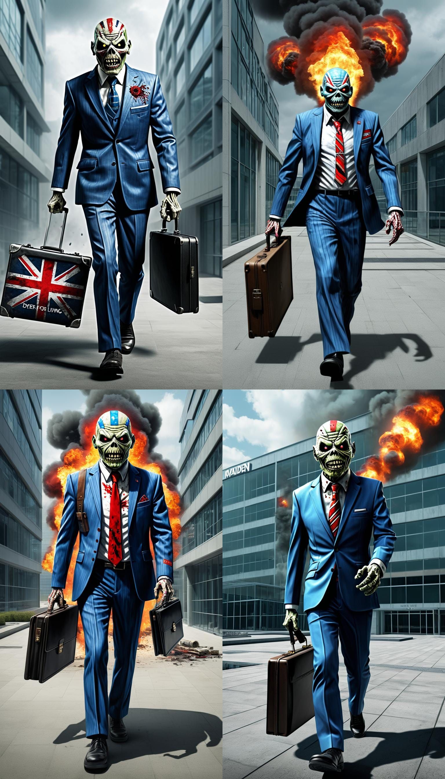 "Iron Maiden" mascot Eddie from  as a Zombie Businessman wearing a three piece suit