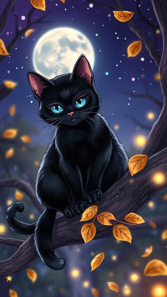 Black Cat Perched on Moonlit Tree Branch Watercolor