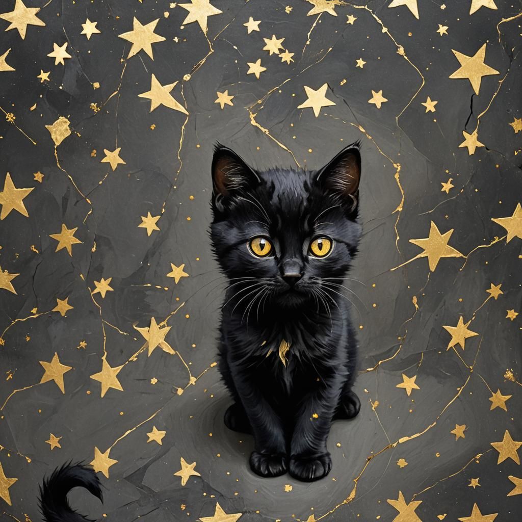 Kintsugi Kitten with Golden Eyes and Stars