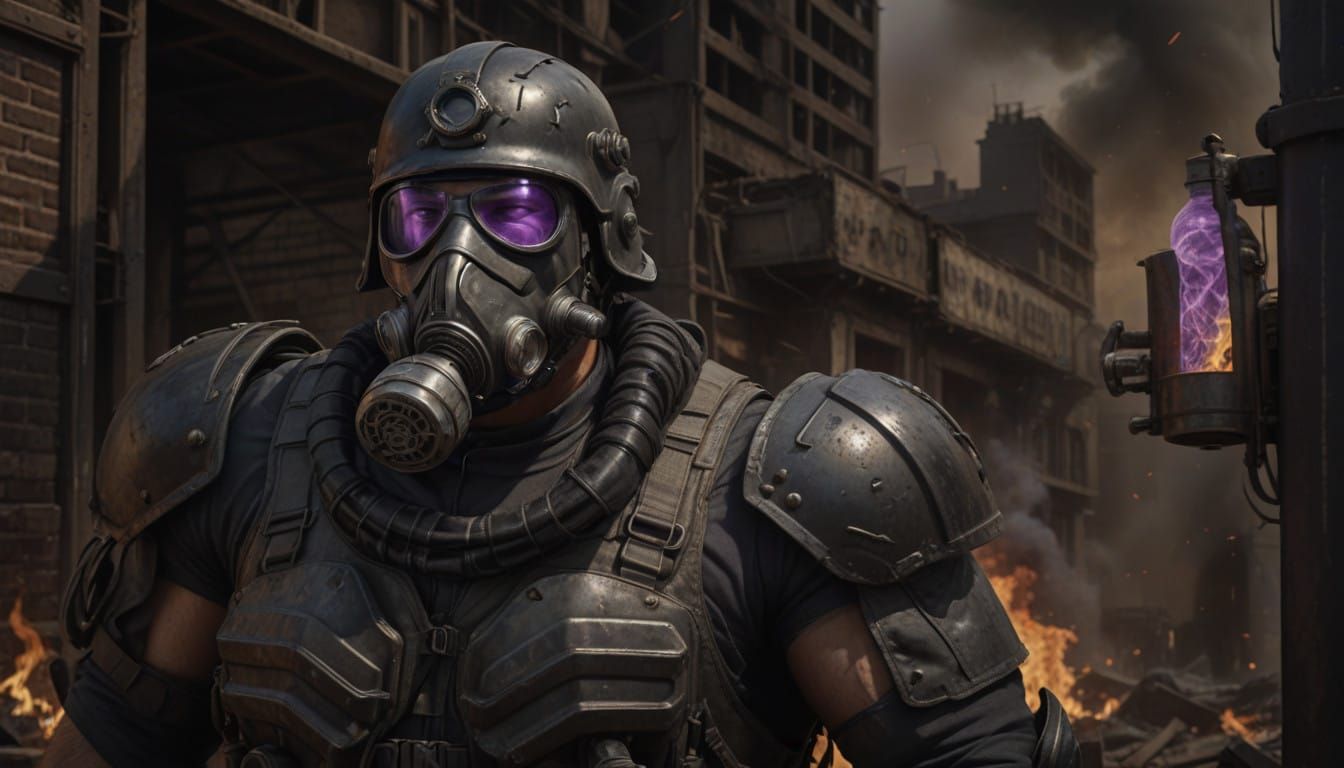 Hyper-Muscled Soldier Amidst Post-Apocalyptic Ruins in Cyber...