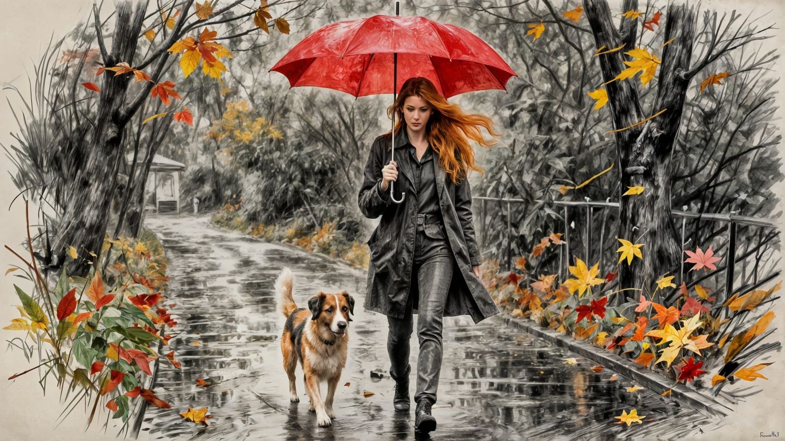 Amber Haired Dog Walker in Autumn Rain