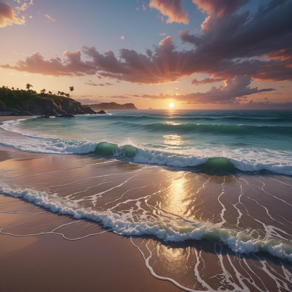 Rainbow Sunset Over Ocean in 3D Pastel