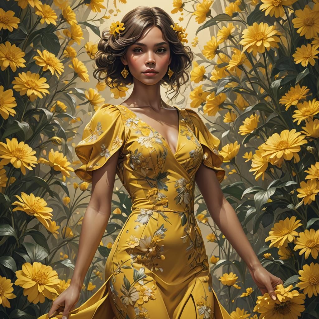 Woman in Yellow Dress Surrounded by Flowers