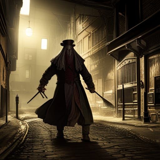 menacing ghost with bloody knife appearing in 1880s London alley