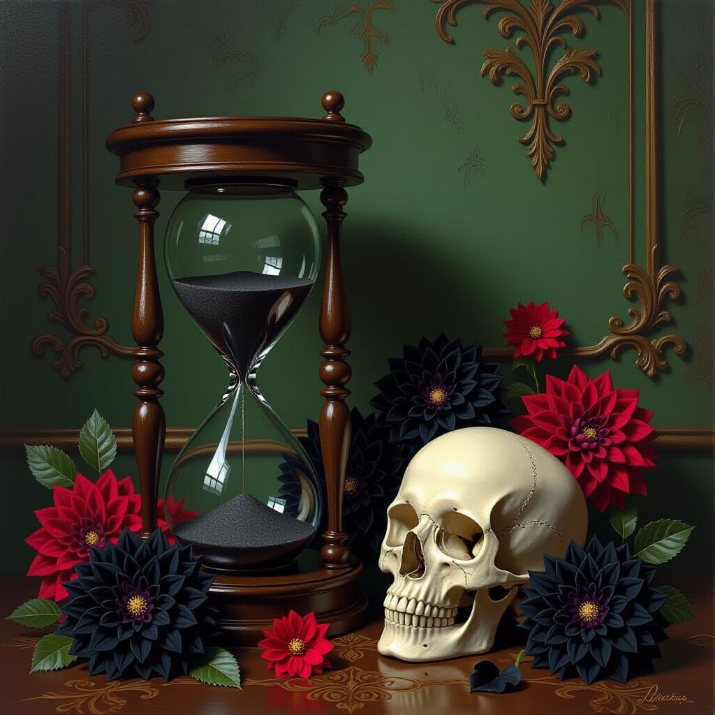 Skull, Hourglass, and Roses in Victorian Room Oil Painting