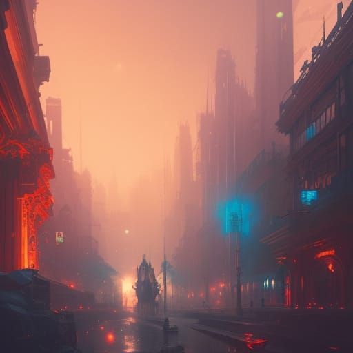 Hyperdetailed Cityscape Concept Art in Orange and Teal