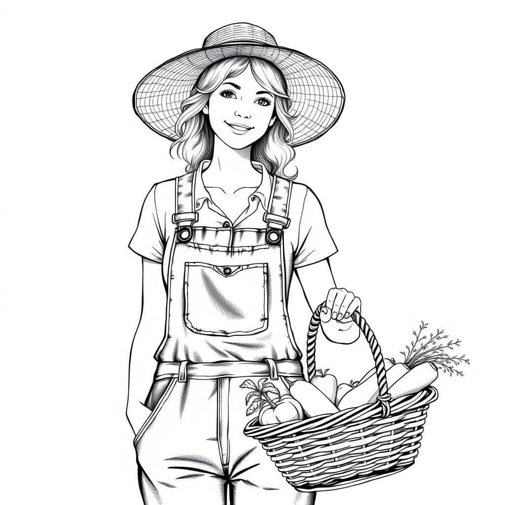 Woman with Vegetable Basket in Sketch Style
