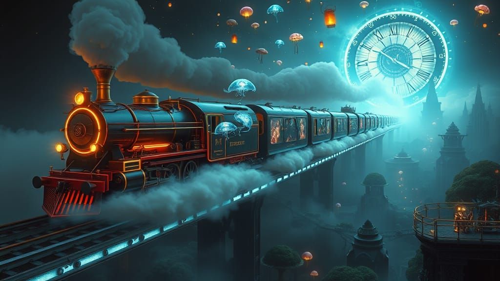 Surreal Train Speeds Through Dreamlike Dimension in Cyberpun...