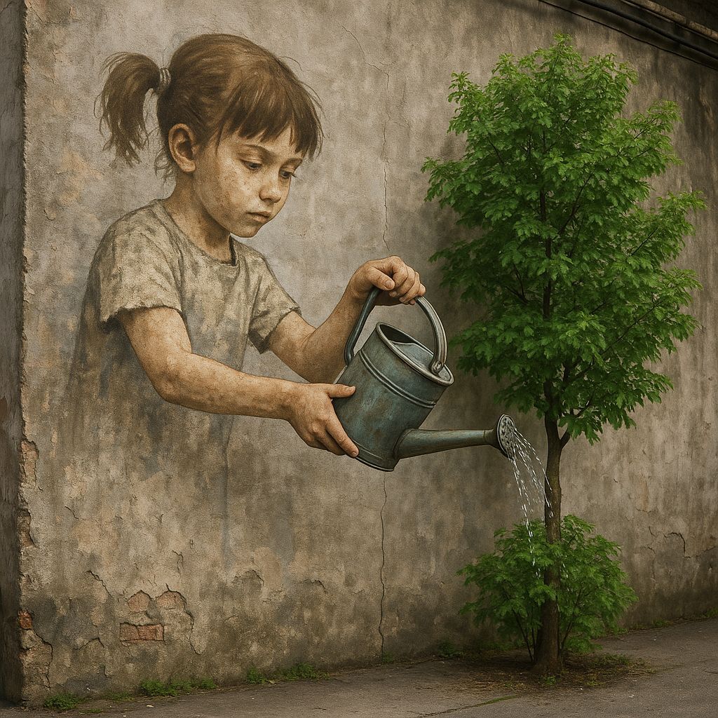 Graffiti Girl Waters Tree: Hyperrealistic Concept Art