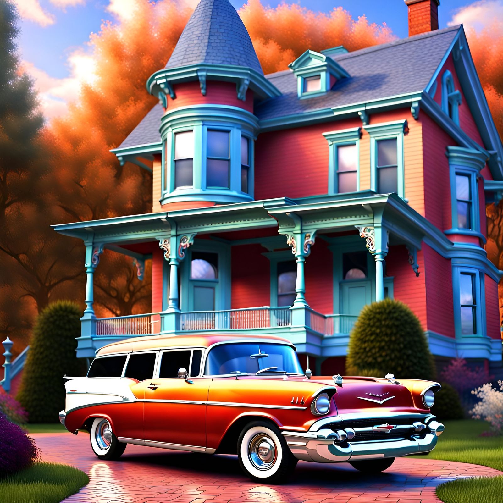1957 Chevy Nomad and Victorian House in Digital Art