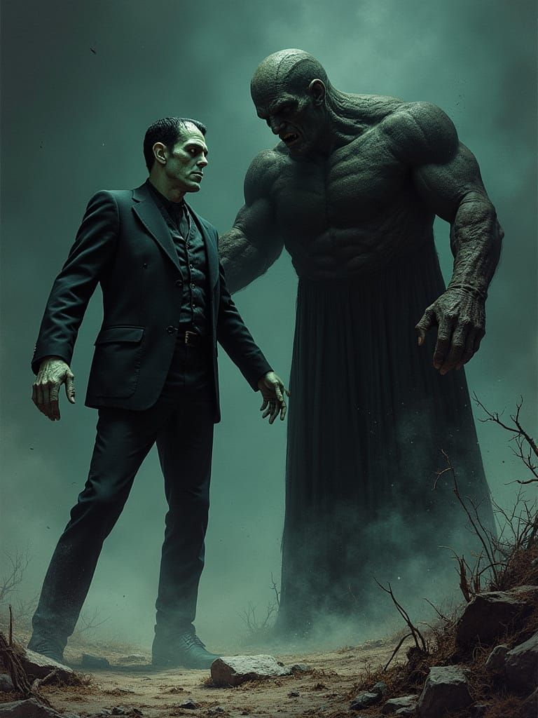 Frankenstein’s monster fighting Darkseid in the style of Edw...