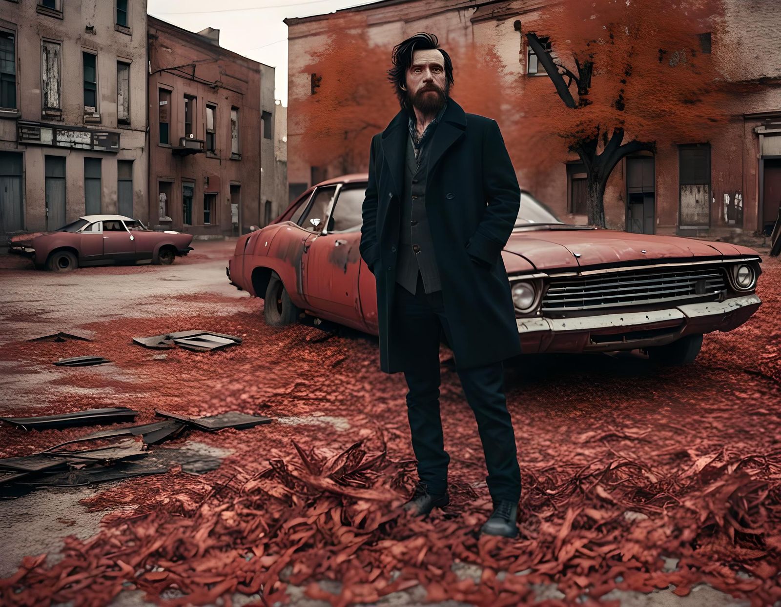 Man in Abandoned Town Square with Red Car