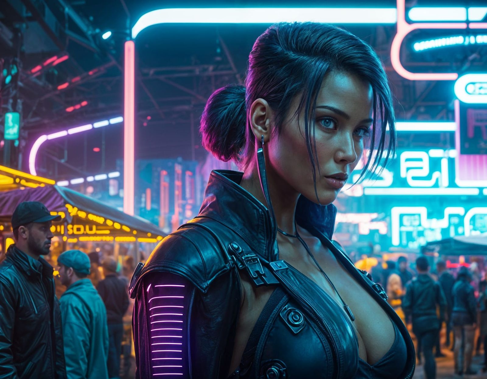 Cyberpunk Hacker at a Futuristic Farmers Market