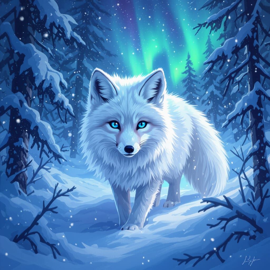 Arctic Fox Under Aurora Borealis in Digital Painting Style
