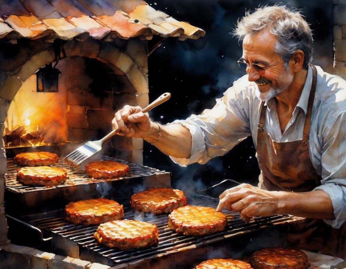 Watercolor Portrait of Father Grilling at Sunset