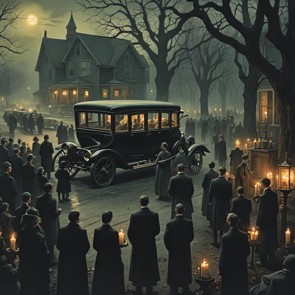 Eerie Funeral Procession in Dark Surrealist Style