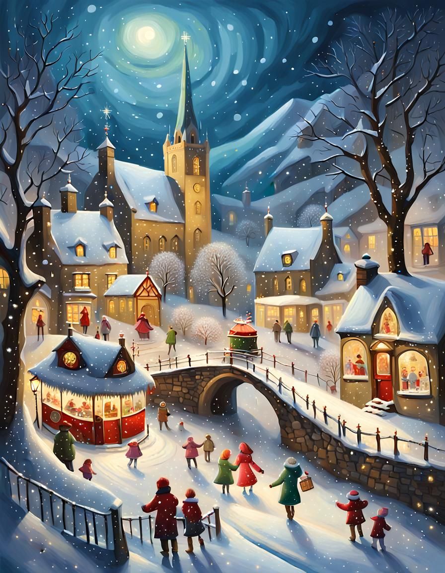 Whimsical Scottish Village Scene under Snowfall