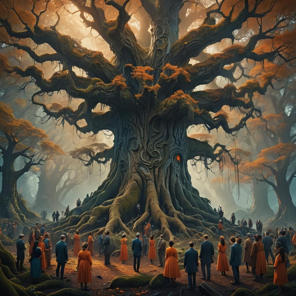 Ancient Tree Gathering in Cinematic Matte Painting