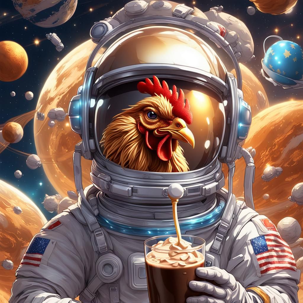 Anime Rooster Astronaut Floats in Space with Shake