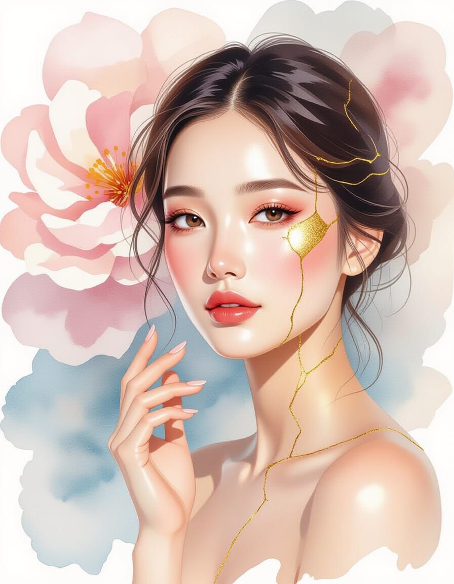 Kintsugi Woman Portrait in Watercolor Style