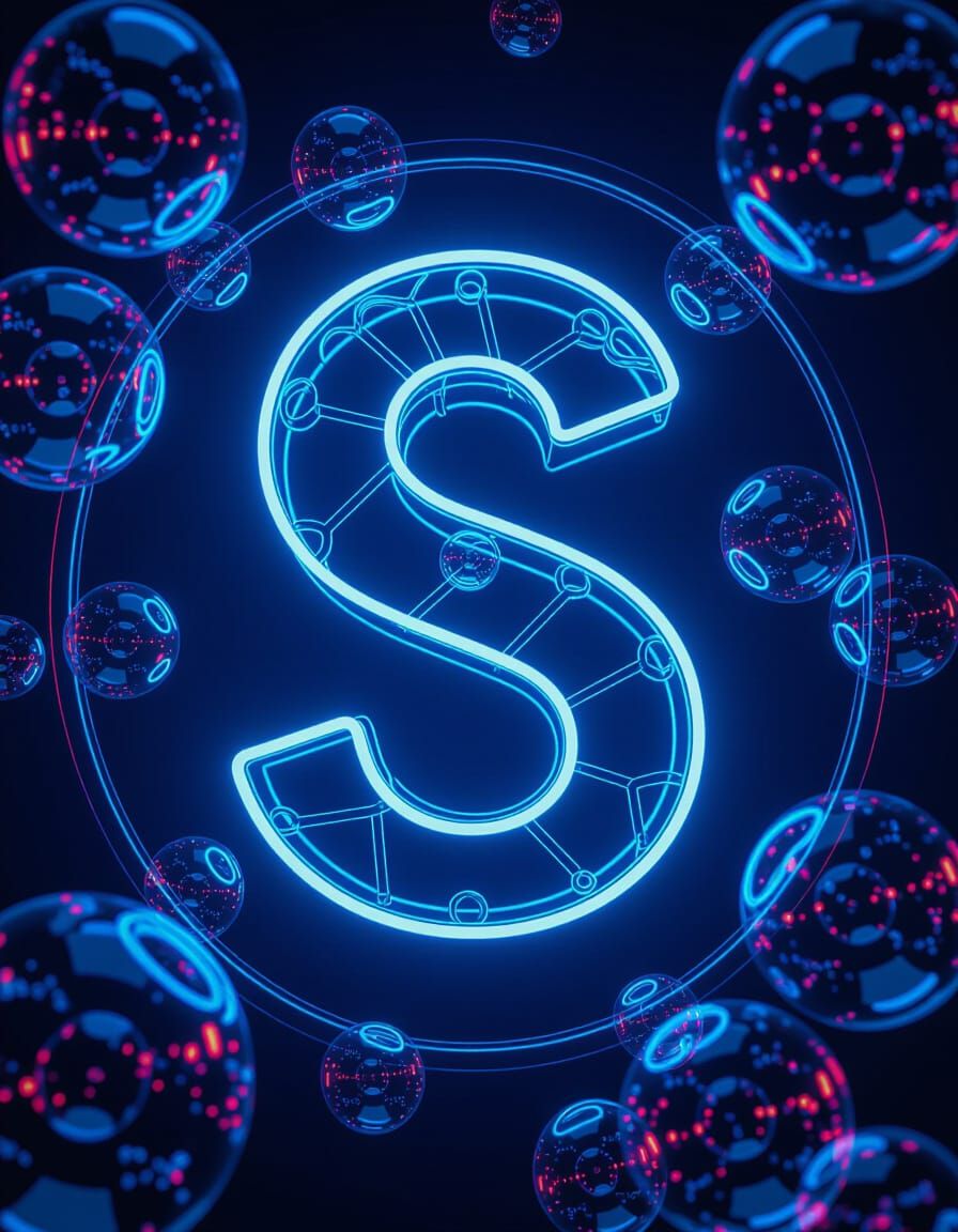 Neon Blue Letter S in Soap Bubbles