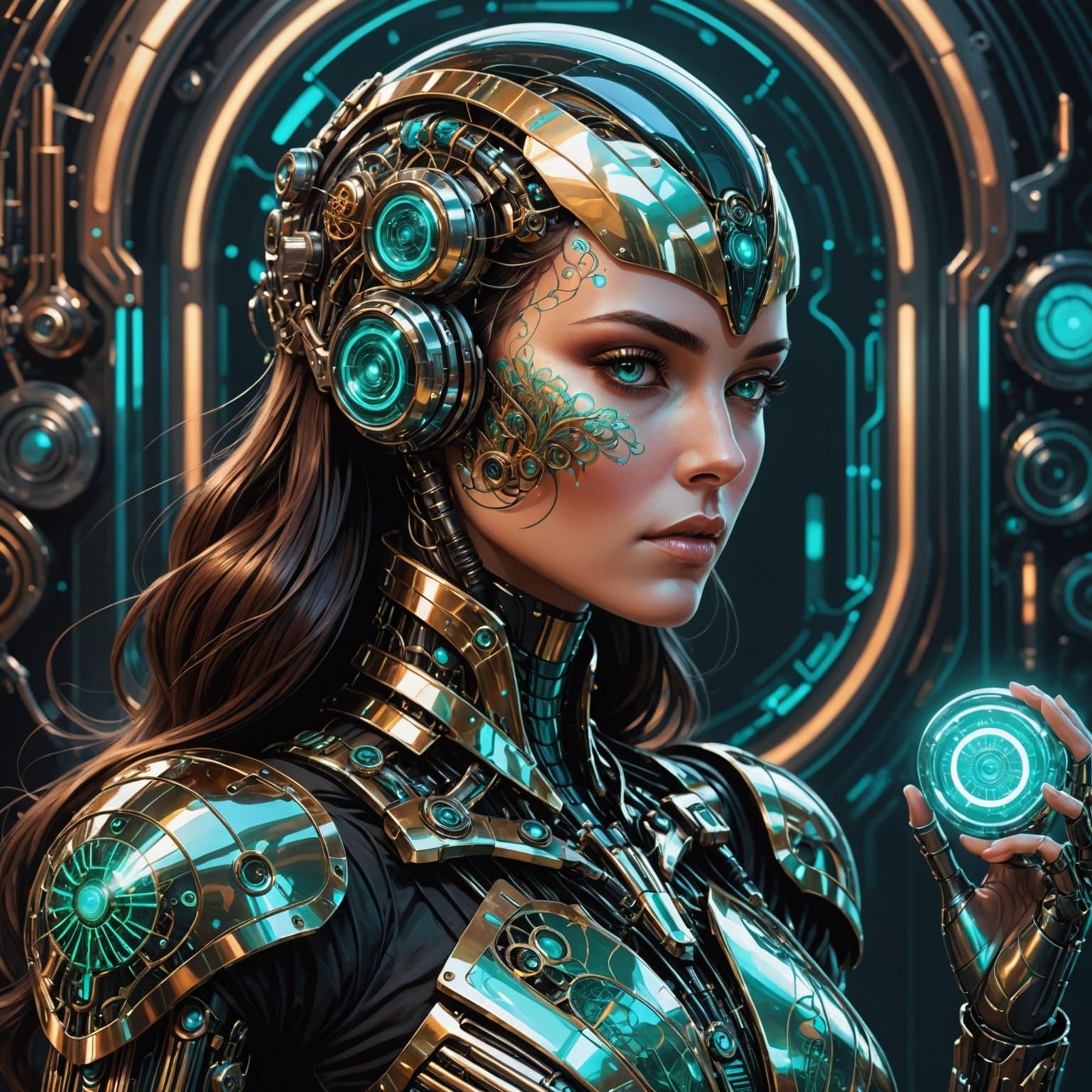 Steampunk Android with Holographic Display in Metallic Style