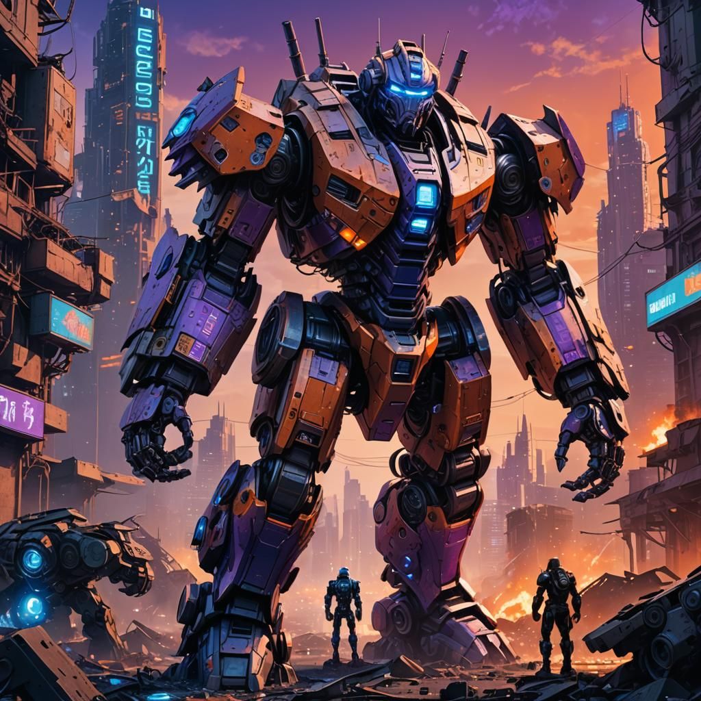 Sci-Fi Robot Battle in a Ruined Cityscape