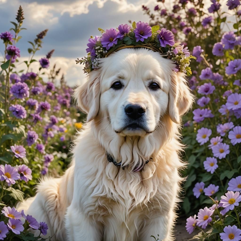 Golden Retriever with Flower Crown in Floral Setting