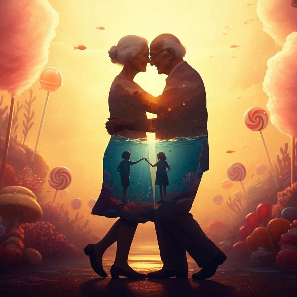 Elderly Couple's Dreamlike Underwater Waltz: Digital Art