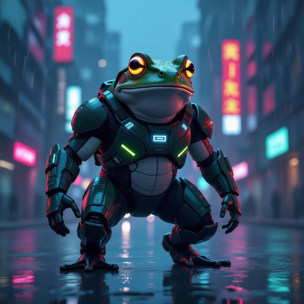 Cybernetic Frog in Futuristic City