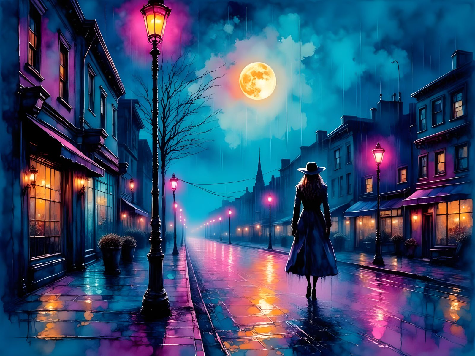 Cinematic Woman Under Full Moon in Rainy City Night
