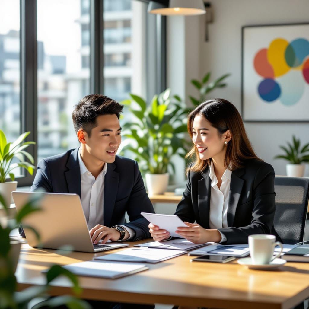 Modern Office Team Discussing Resumes, Cinematic Style